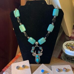 Sterling 925 silver, turquoise, black obsidian beads, custom unique pendant.